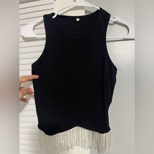 Amazon Black Tank Top with Beaded Fringe